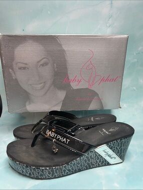 Baby Phat Black Patent Platform Wedge Sandals with Logo Trim